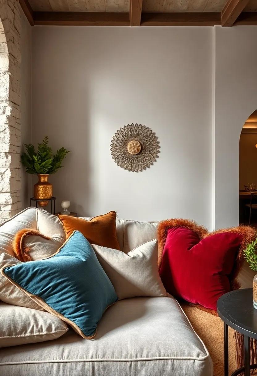 Luxe Layers: Layer velvet, silk, and faux fur pillows in rich jewel tones for a sophisticated and sumptuous feel