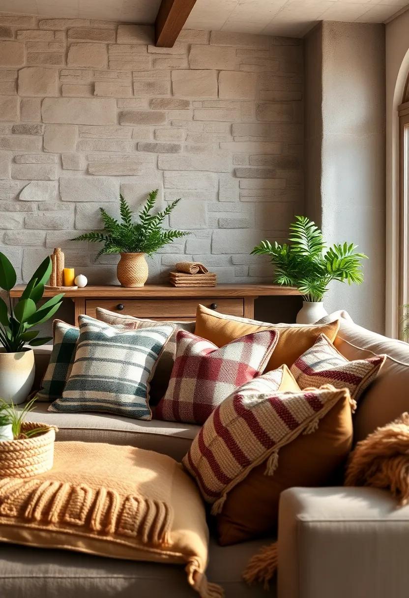 Rustic Charm: Combine burlap, plaid, and knitted pillows in earth tones to add cozy warmth and farmhouse appeal