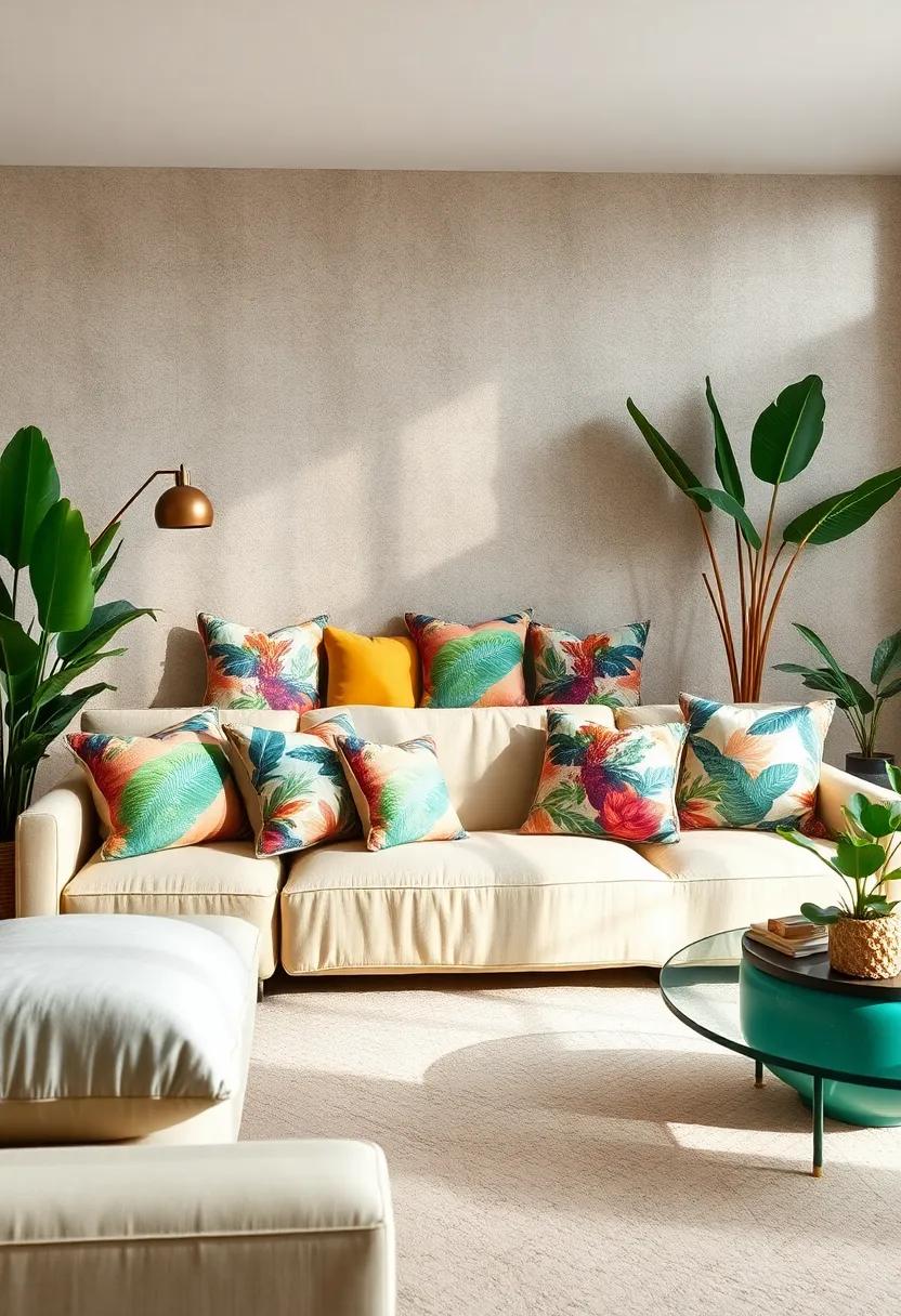 Tropical Retreat: Use pillows with lush botanical prints, vibrant colors, and natural fibers to bring a fresh island breeze inside