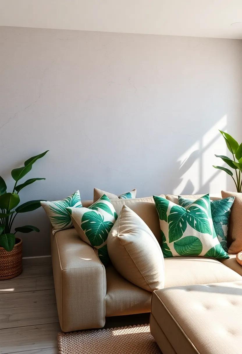 Urban Jungle: Combine green botanical prints, natural textures, and neutral pillows for an indoor environment brimming with life