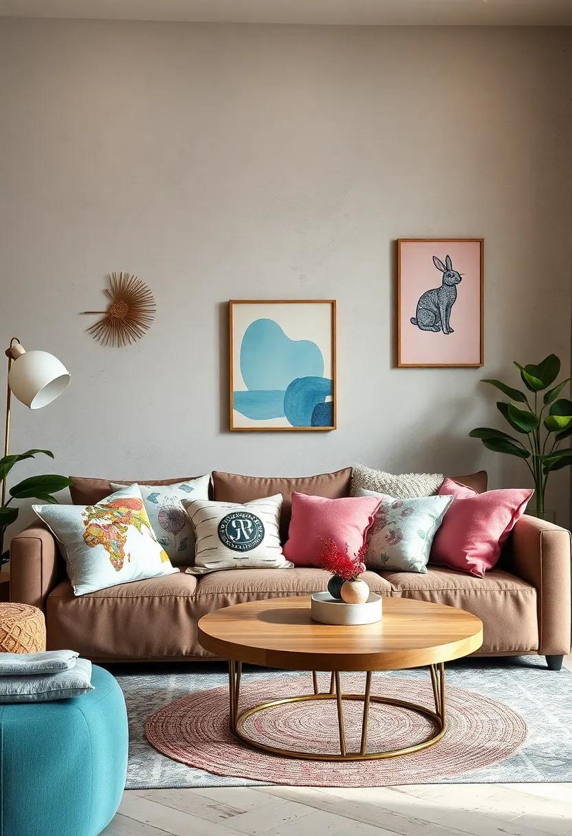 Whimsical Wonderland: Pair mismatched pillows with quirky characters, whimsical motifs, and soft pastels for a playful vibe