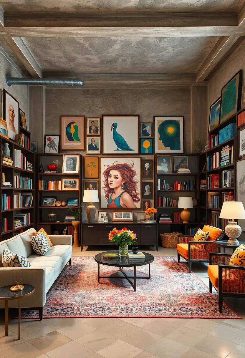 A bold ⁣home library where floor-to-ceiling bookcases are surrounded by ‌eclectic art ⁢that inspires literary adventures