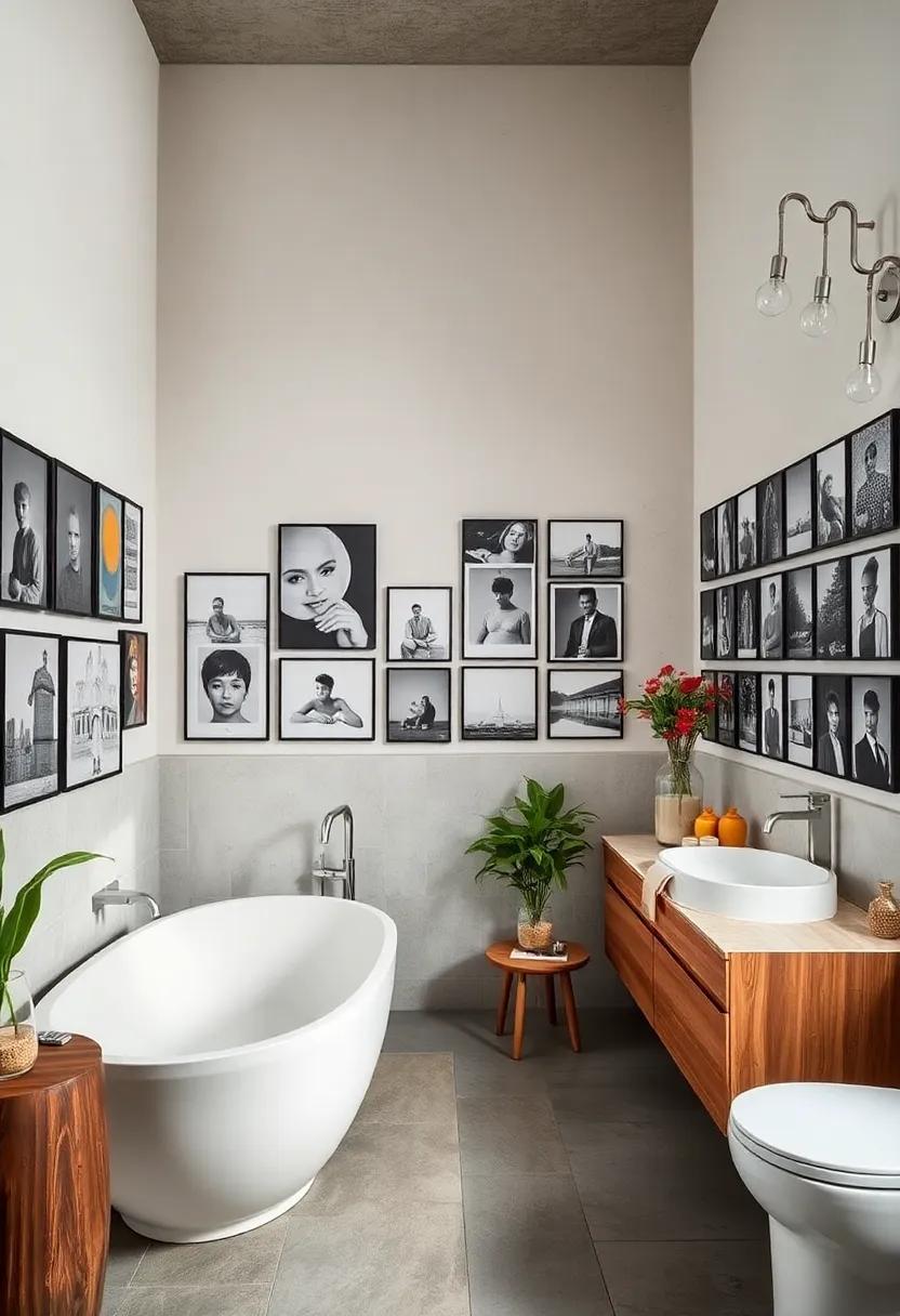 A chic bathroom lined with a series of black and white photographs,providing a soothing contrast to vibrant tile work