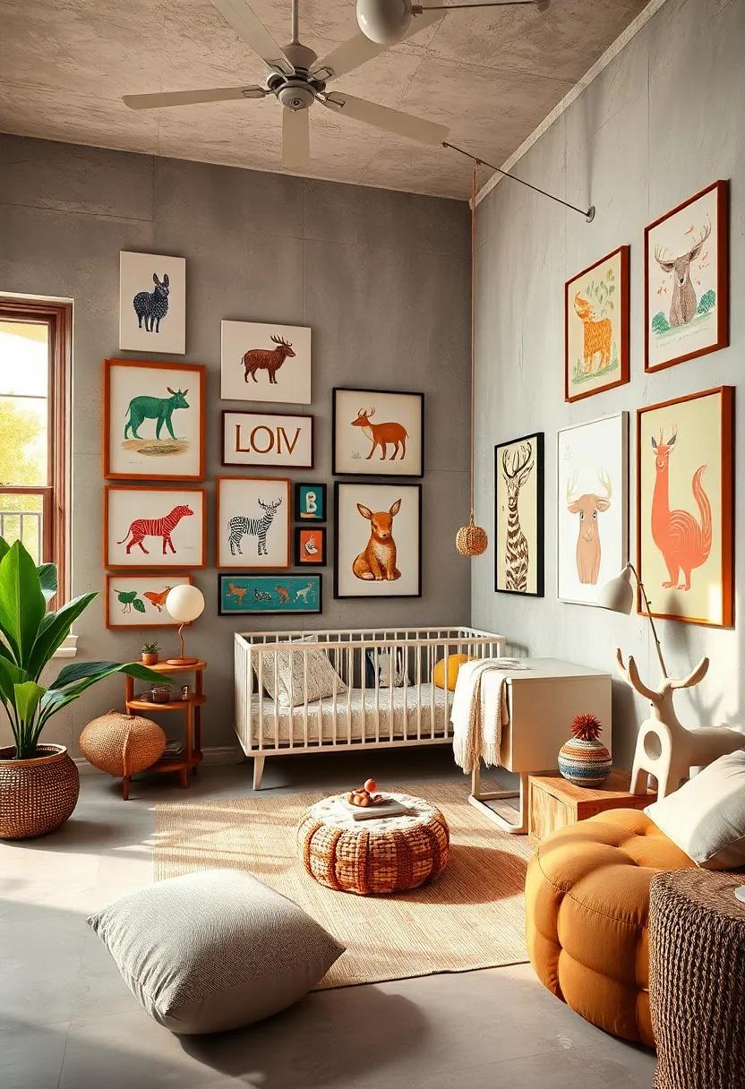 A‍ chic ​nursery ‌filled‌ with vibrant animal illustrations⁣ and playful abstract ​art, sparking imagination
