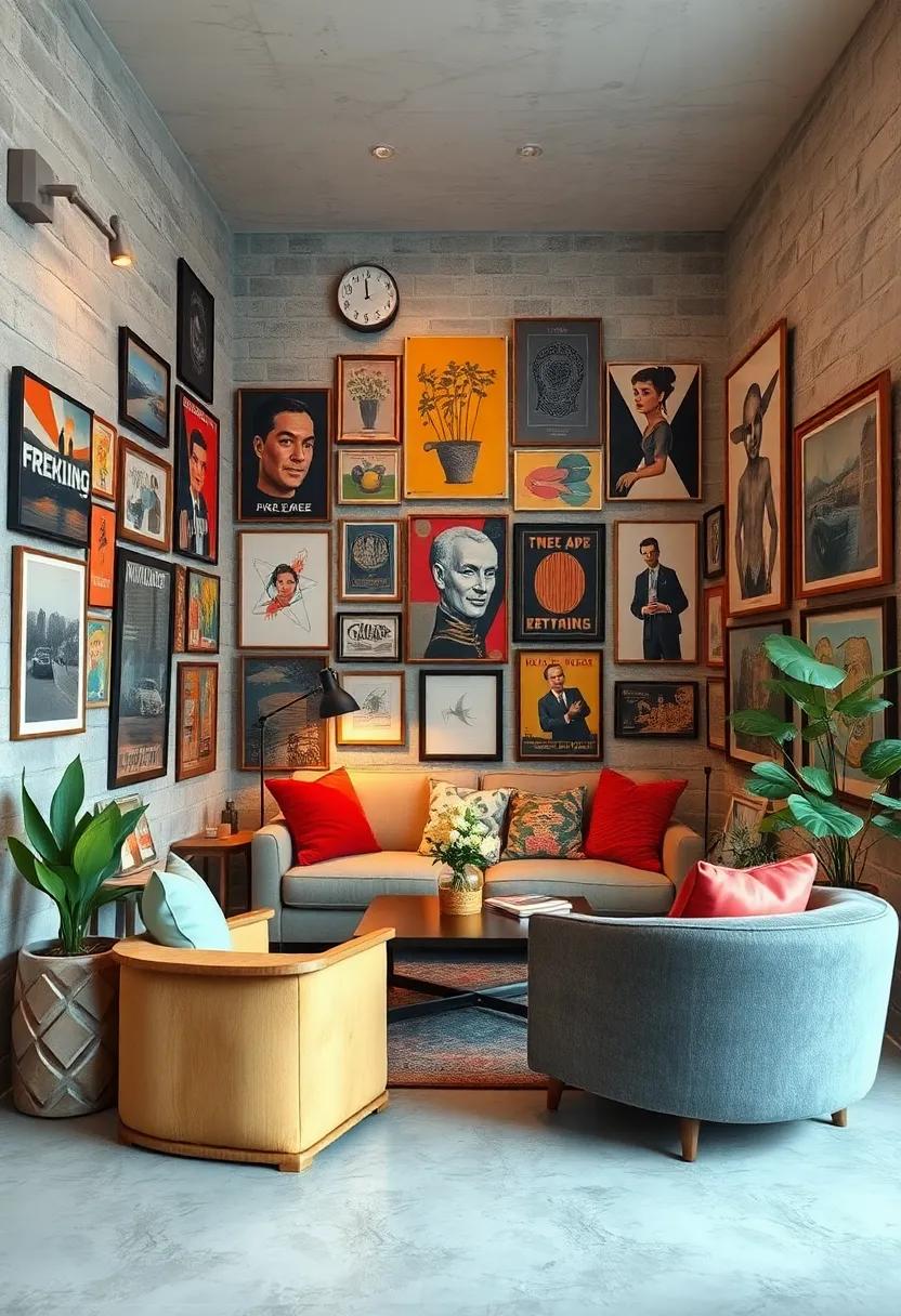 A cozy reading nook surrounded by an eclectic mix of vintage ‌posters and⁢ abstract art,⁢ creating a uniquely inspiring atmosphere