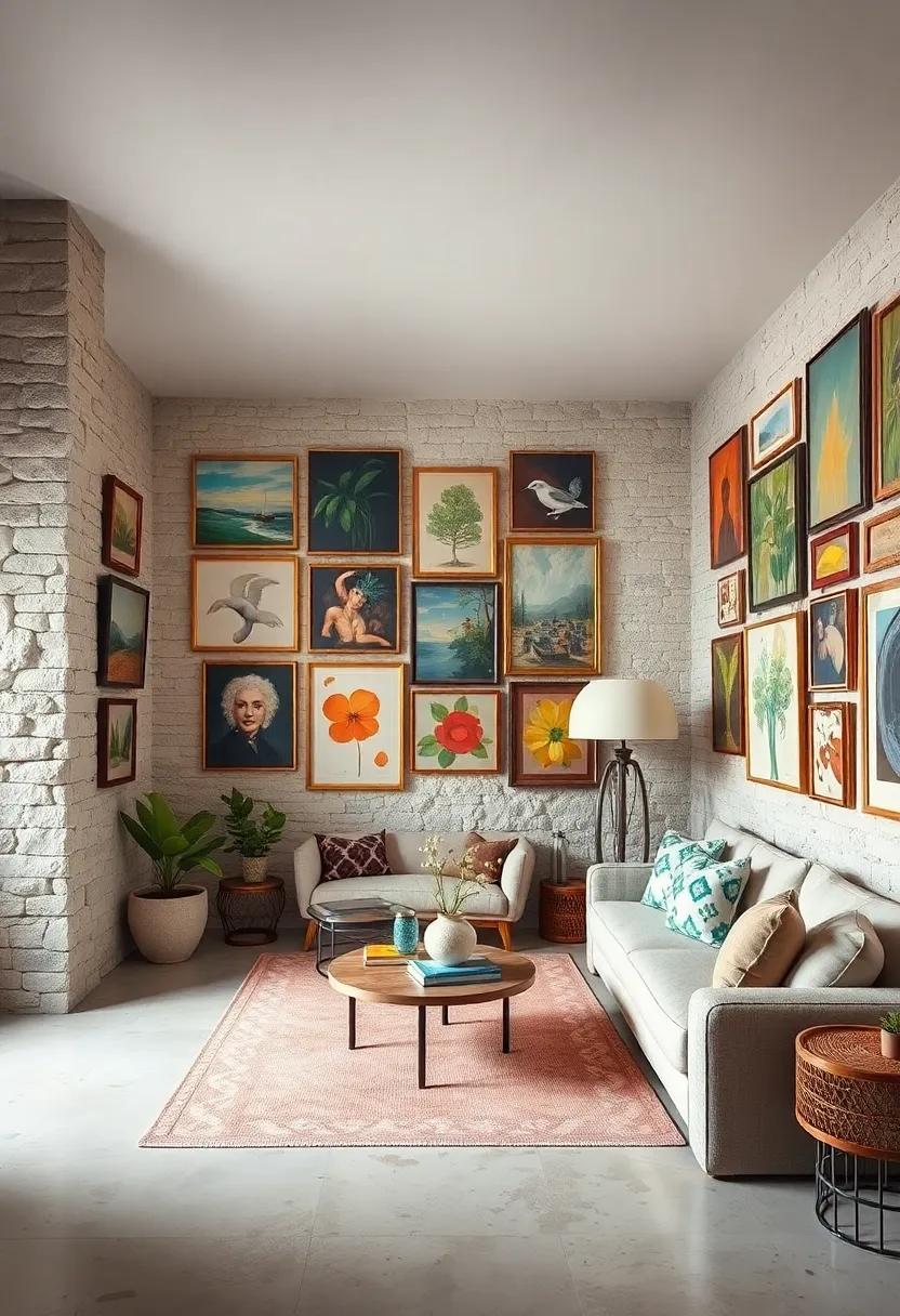 A​ cozy corner‌ featuring a ⁢wall-to-wall⁢ tapestry of layered paintings and framed art, creating a textured​ haven