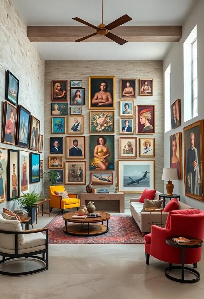 A gallery-inspired ​foyer filled​ with an extensive collection of contemporary portraits and striking art installations