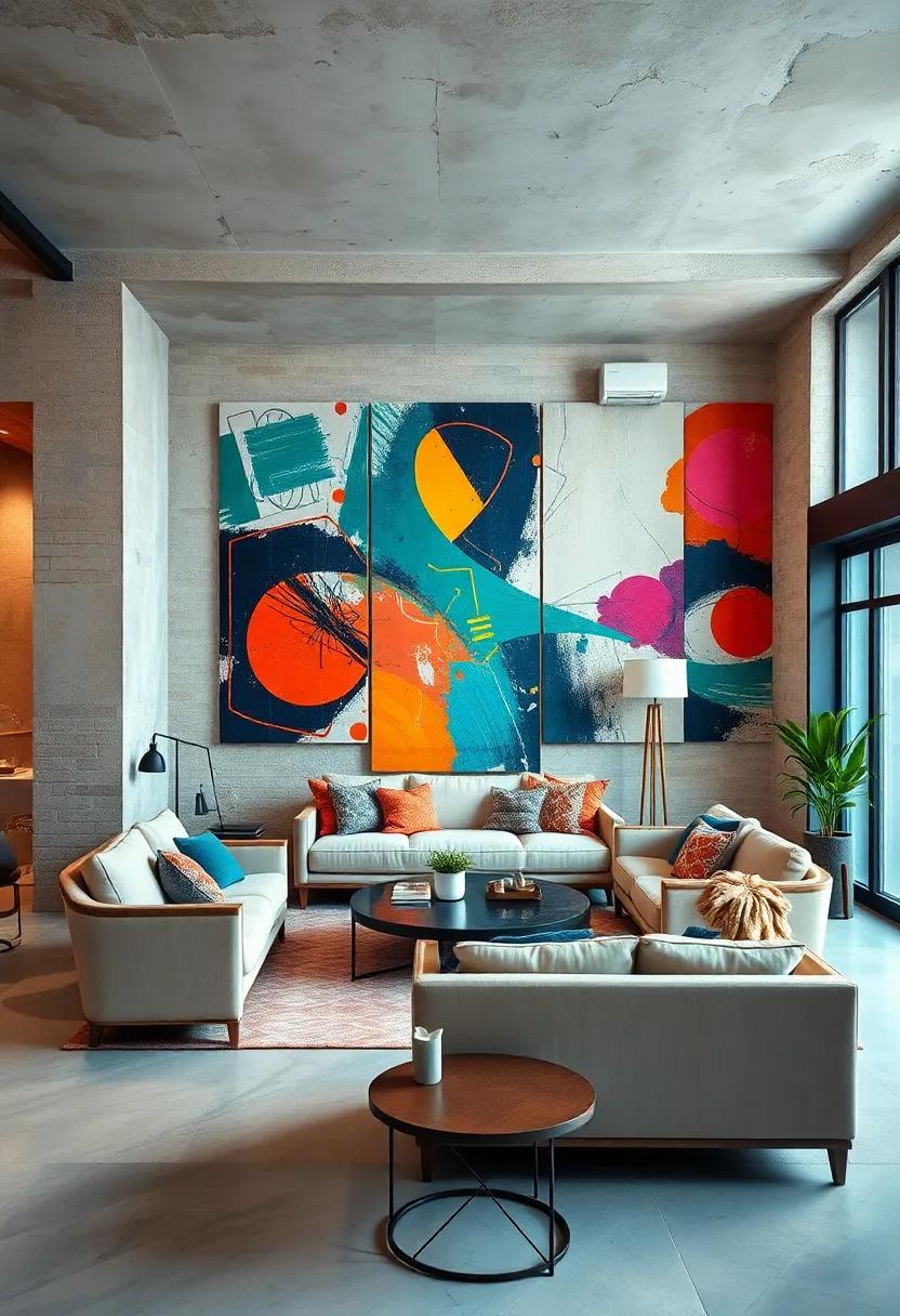 A loft-style living​ area boasting industrial elements softened by colorful, large-scale abstract murals
