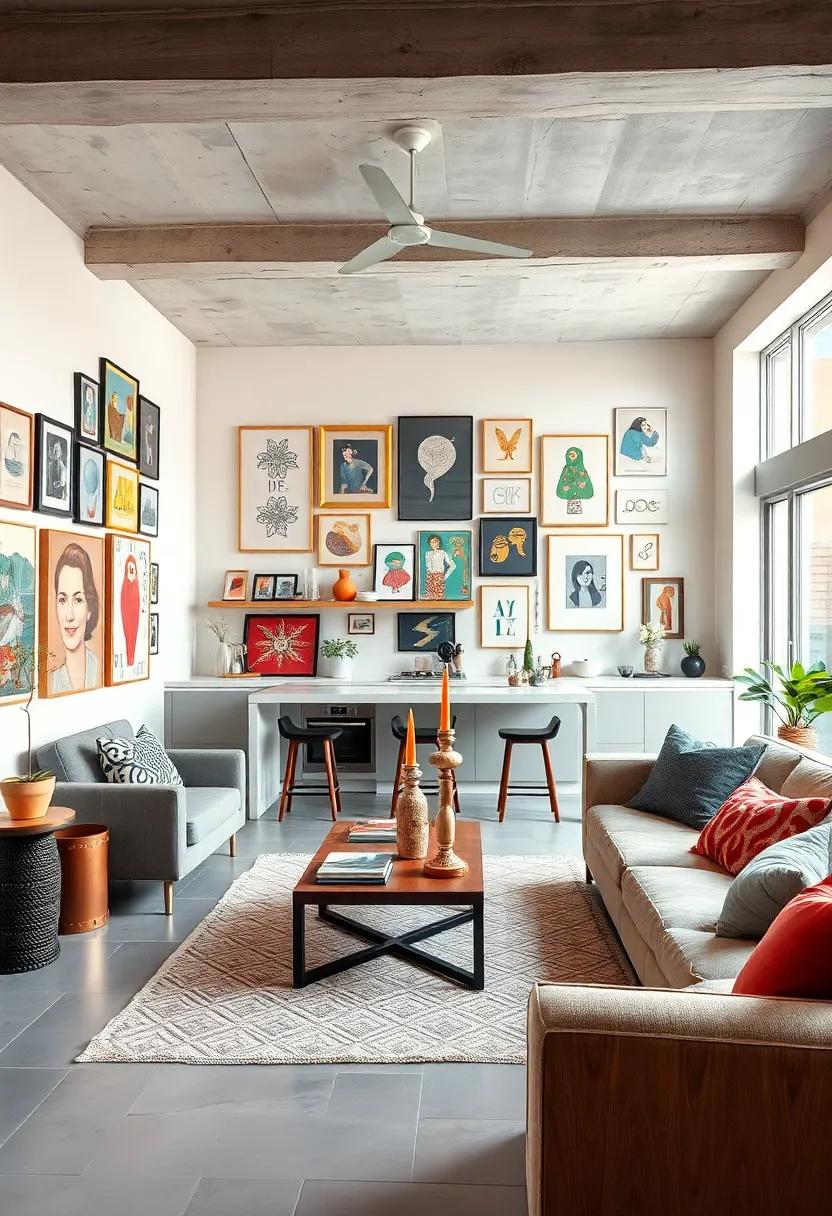 A minimalist kitchen ‍adorned with an array of bold graphic prints and quirky illustrations, adding personality without overwhelming the space