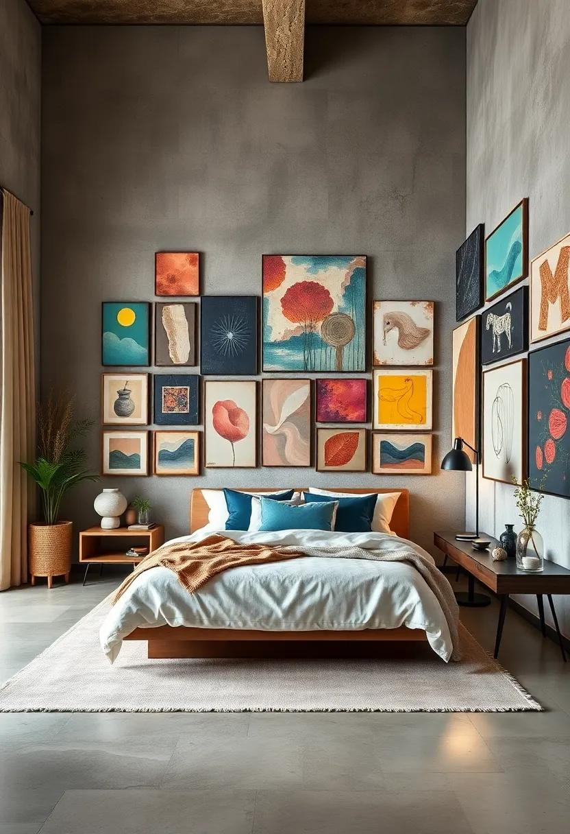 A modern bedroom featuring ​a ⁣dramatic gallery wall of mixed‌ media art, blending textures and color in perfect harmony