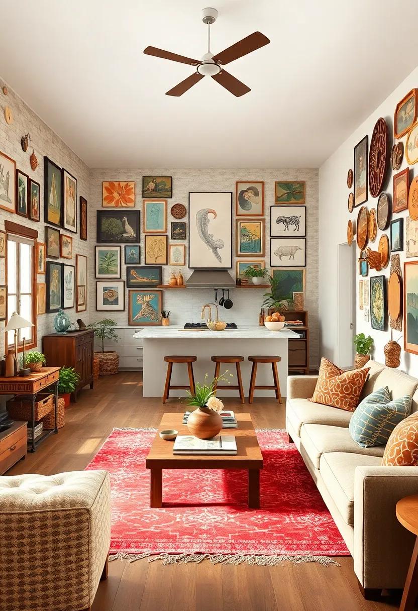 A modern farmhouse kitchen ⁢accented by ⁣a lively collage of folk art and rustic handcrafted wall‌ pieces