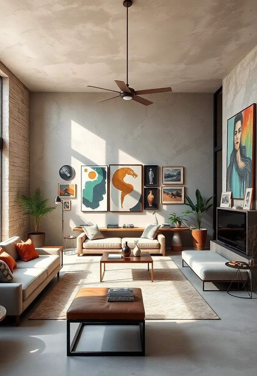 An ​open-concept living space‍ featuring dynamic installation art that interacts with natural light and shadows