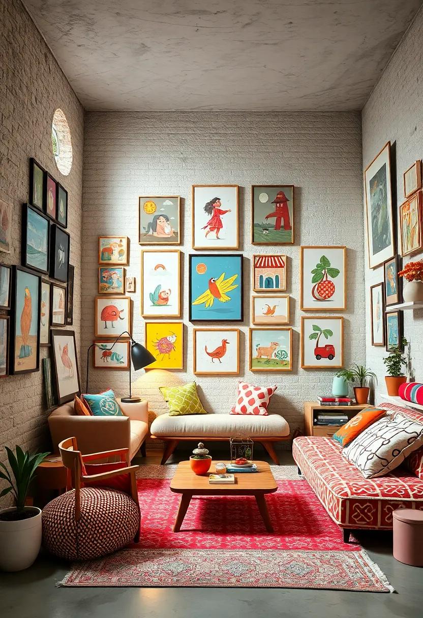 A playful children's room where whimsical artwork covers the​ walls, encouraging imagination and joy​ at⁣ every turn