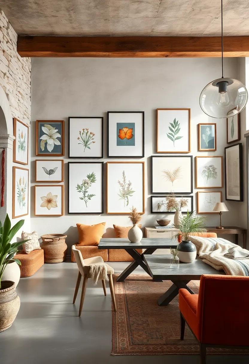 A rustic ‌dining ‍room​ with a curated ‍collection‍ of framed botanical prints and eclectic art pieces ⁣that ‍invite conversation