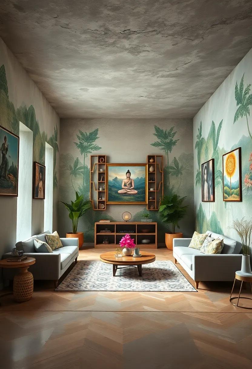 A serene meditation room featuring hand-painted murals that evoke calmness⁤ and spiritual depth