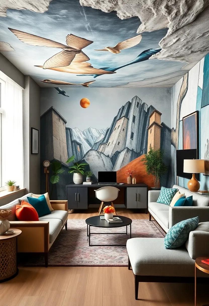 A sleek home office ⁣featuring a floor-to-ceiling mural that brings dynamic energy ​and⁣ creativity‍ to the​ workspace