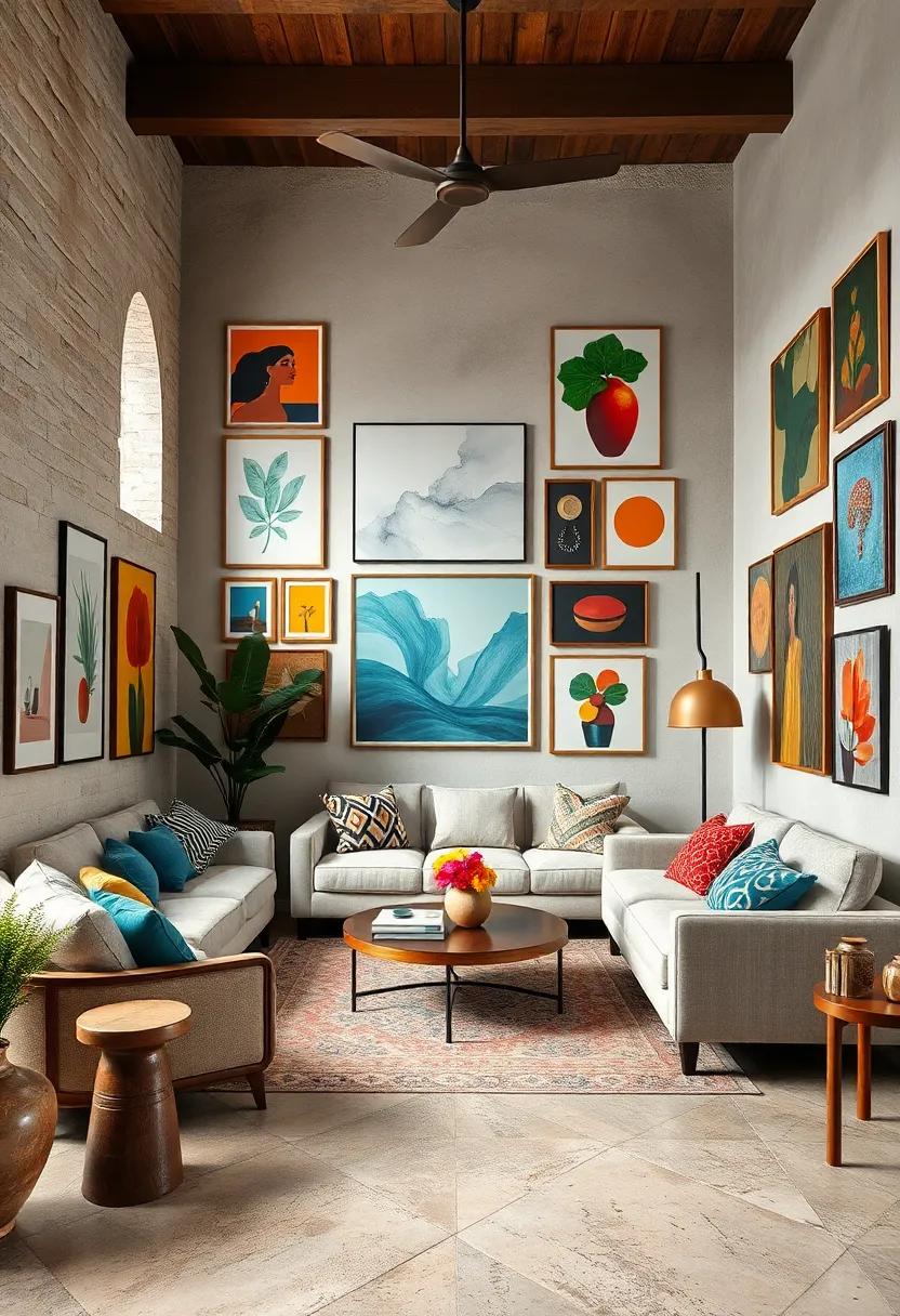 A sophisticated ⁣lounge area⁤ adorned with eclectic ⁢mid-century modern art pieces that add timeless flair