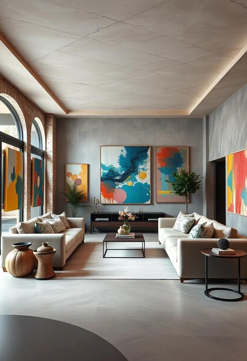 A spacious family room where abstract expressionist paintings and sculptural wall art coexist in vibrant symphony