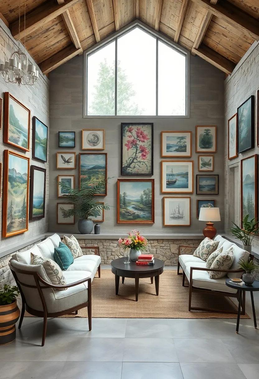 A tranquil sunroom where walls are layered with serene ​landscape paintings and botanical sketches