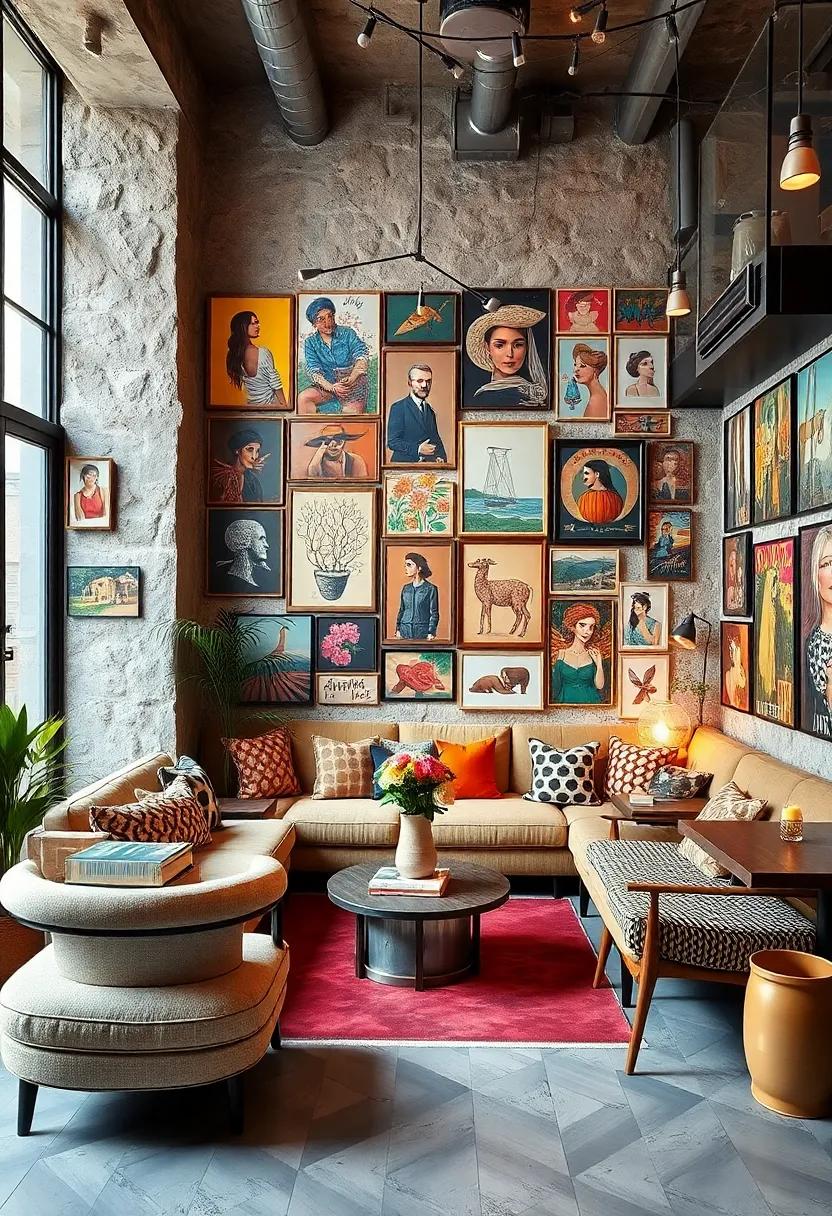 A trendy ‍café-style living room ⁣with a bold mosaic of street art prints and hand-painted murals