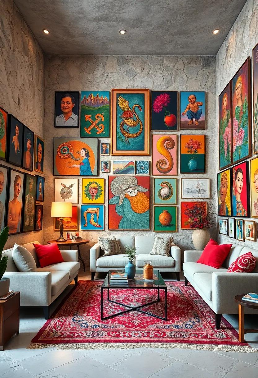 A vibrant living room where every ​inch of ​wall space ​bursts with colorful paintings, transforming ​the space‍ into an immersive ‍art gallery