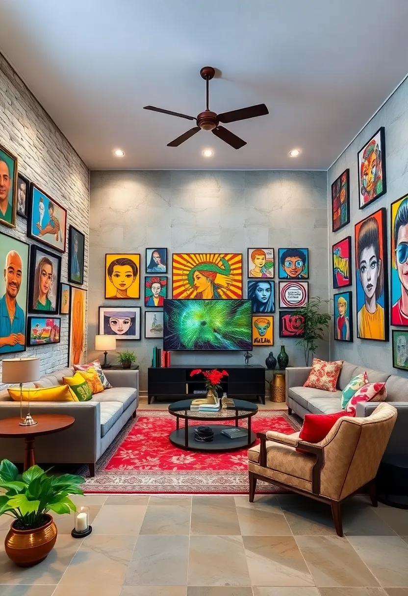 A vibrant entertainment room showcasing a ‌kaleidoscope ⁤of⁢ colorful pop culture artwork and⁤ graphic murals
