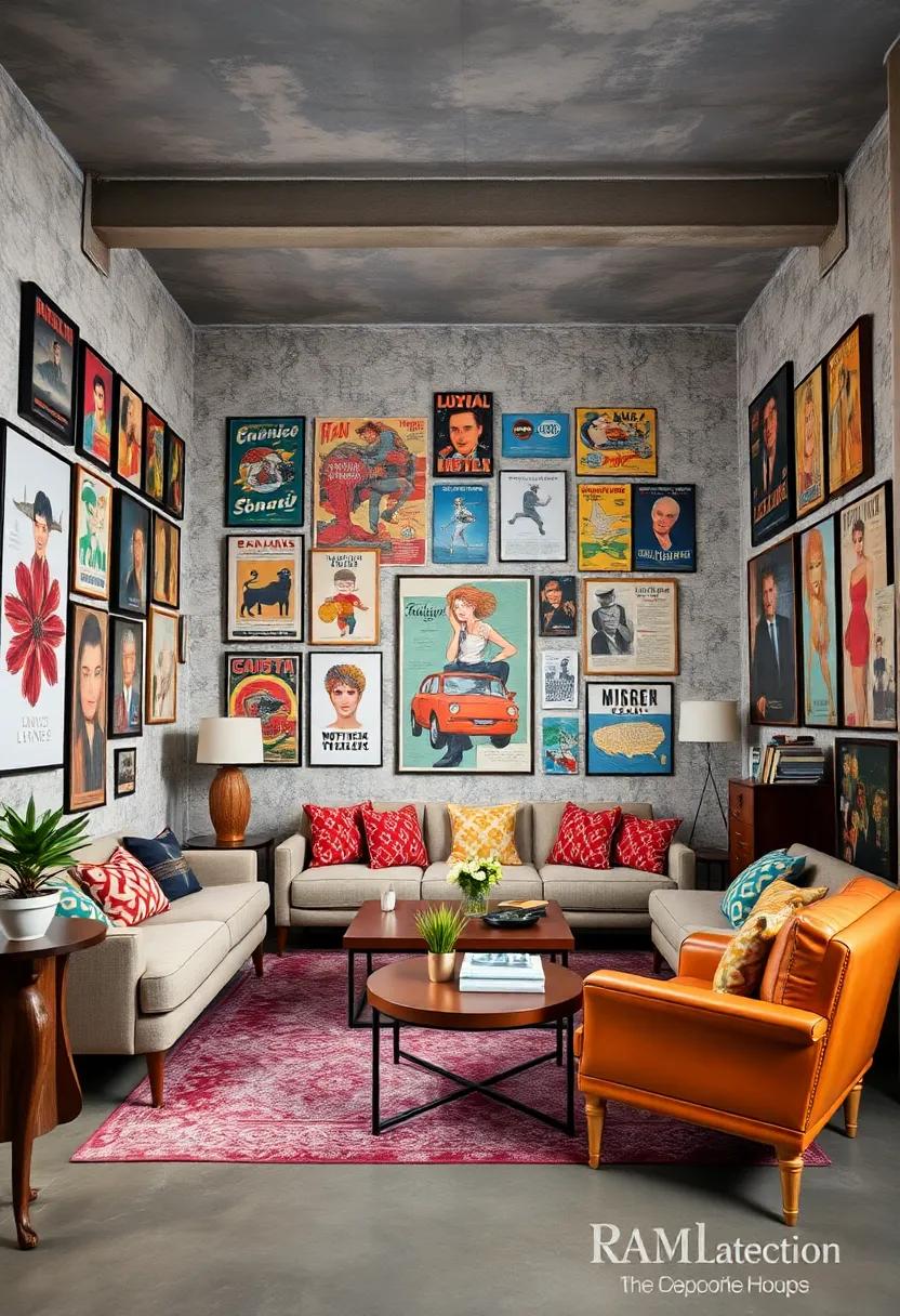 A vintage-inspired den with ​walls covered⁣ in a playful mix of⁣ comic book art and retro travel posters