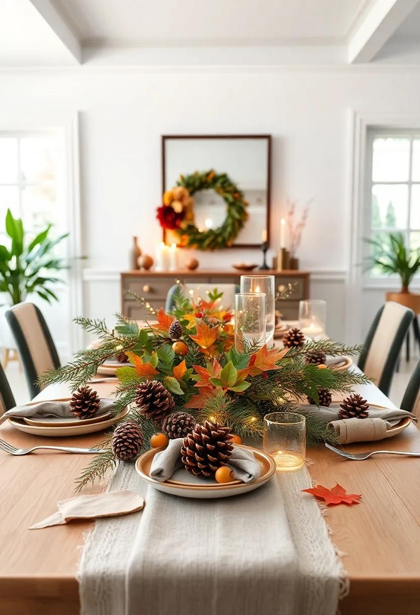 Nature-Inspired Tablescape Highlighting Pinecones and Twinkling Fairy Lights