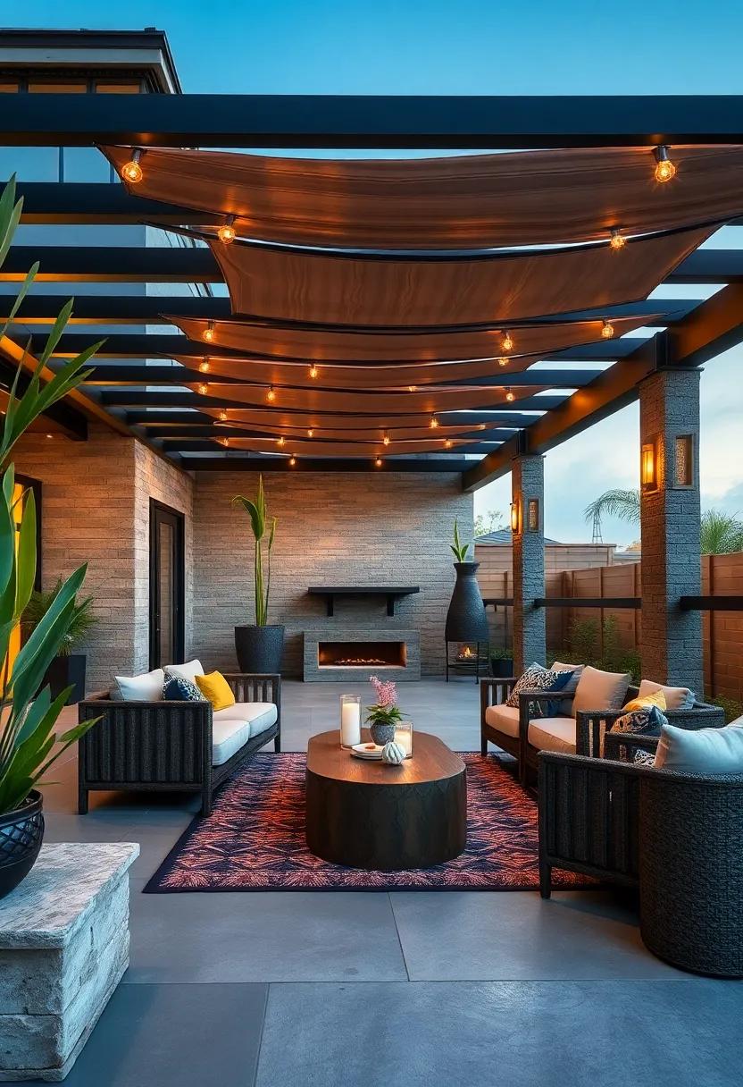 A sleek charcoal ‌pergola⁢ accented with bronze ​light fixtures creates‌ a modern focal point for evening gatherings
