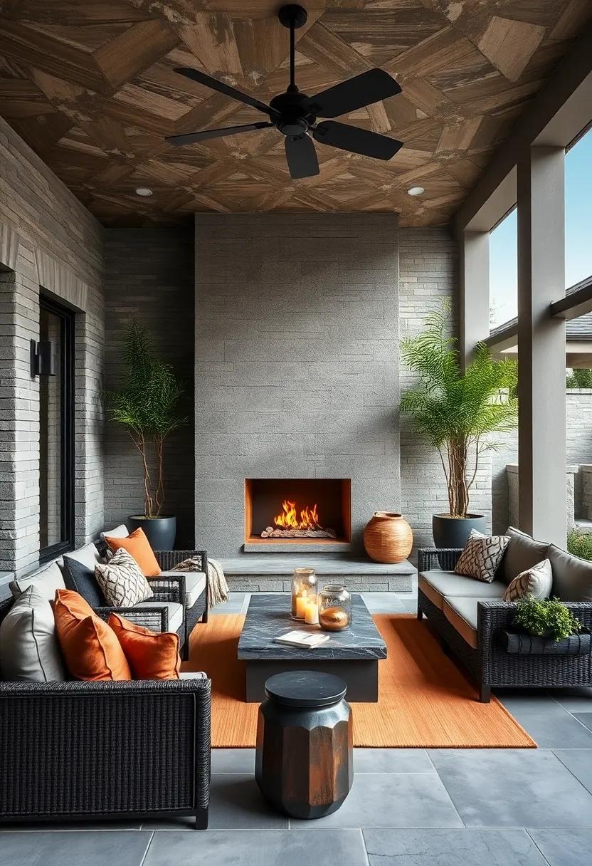 An outdoor⁤ charcoal fireplace ⁣framed‍ in ‌bronze‍ serves​ as ‌a stunning focal point for ⁢social spaces