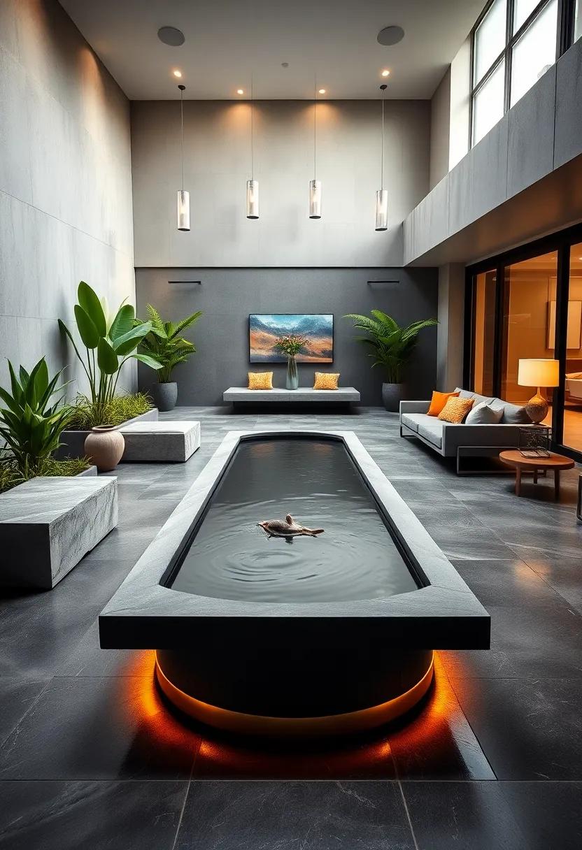 A minimalist charcoal water feature‌ outlined in bronze provides a calming centerpiece with⁢ contemporary ⁢appeal
