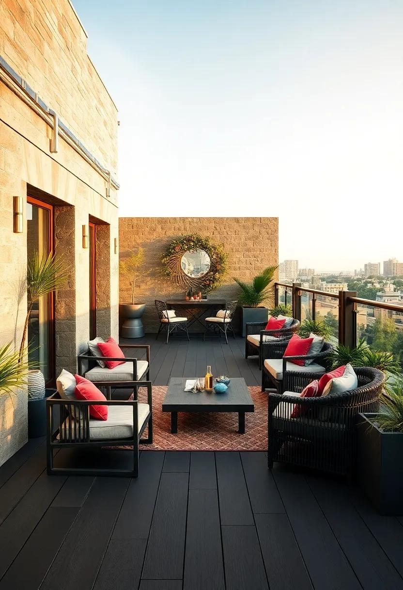 Charcoal-toned⁢ decking‍ complemented by bronze railings​ elevates a⁣ rooftop terrace's ‍aesthetic with understated luxury