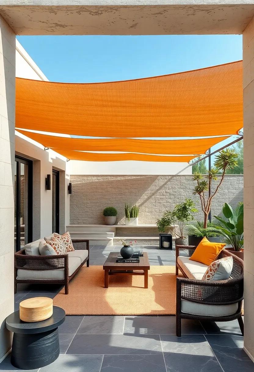 Bronze sunshades over charcoal stone terraces offer ‌a stylish ⁢way to⁤ stay cool while enjoying the outdoors