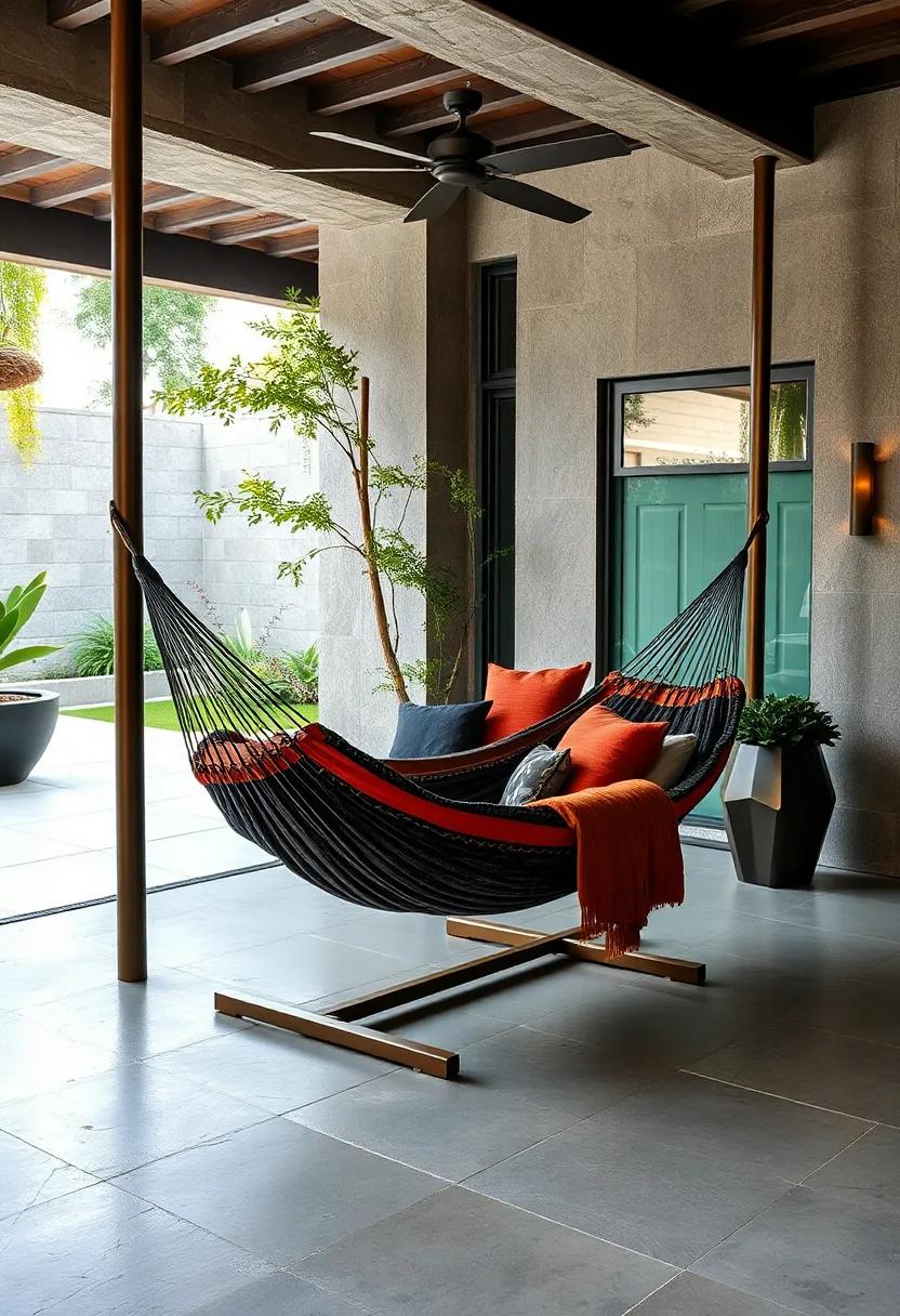 A charcoal hammock supported by bronze posts ⁢invites relaxation⁢ with⁢ a touch of timeless grace