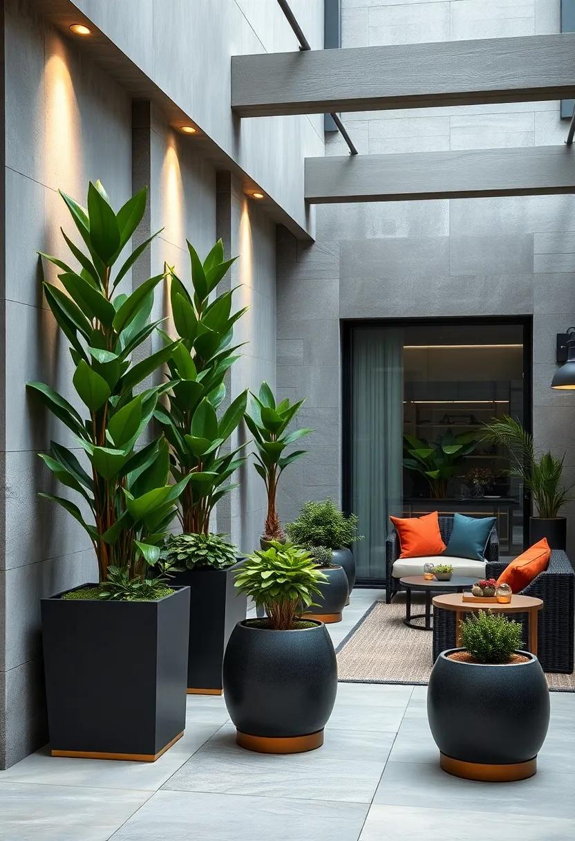 Vertical gardens in charcoal planters with bronze​ detailing‍ add lush‍ greenery and elegance to any outdoor space