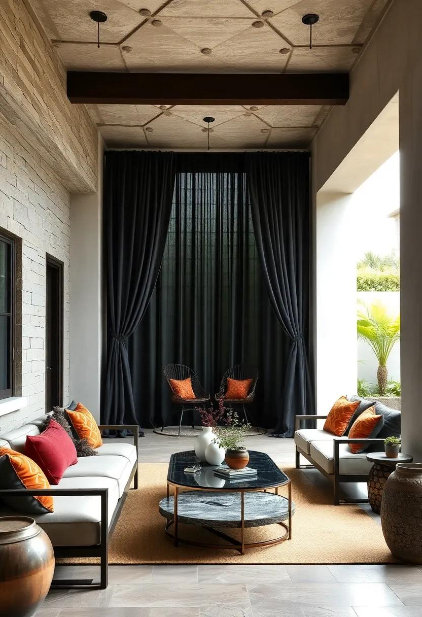 charcoal ​curtains ​with bronze tiebacks⁢ frame ​the‍ entrance to an⁤ outdoor pavilion with⁤ refined sophistication