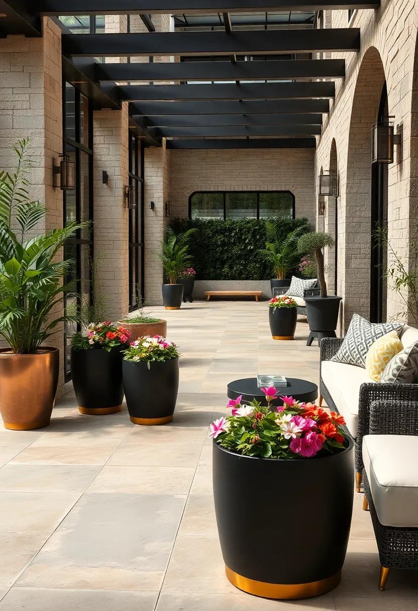 Bronze-accented charcoal planters filled with seasonal⁢ blooms punctuate walkways with​ classic charm