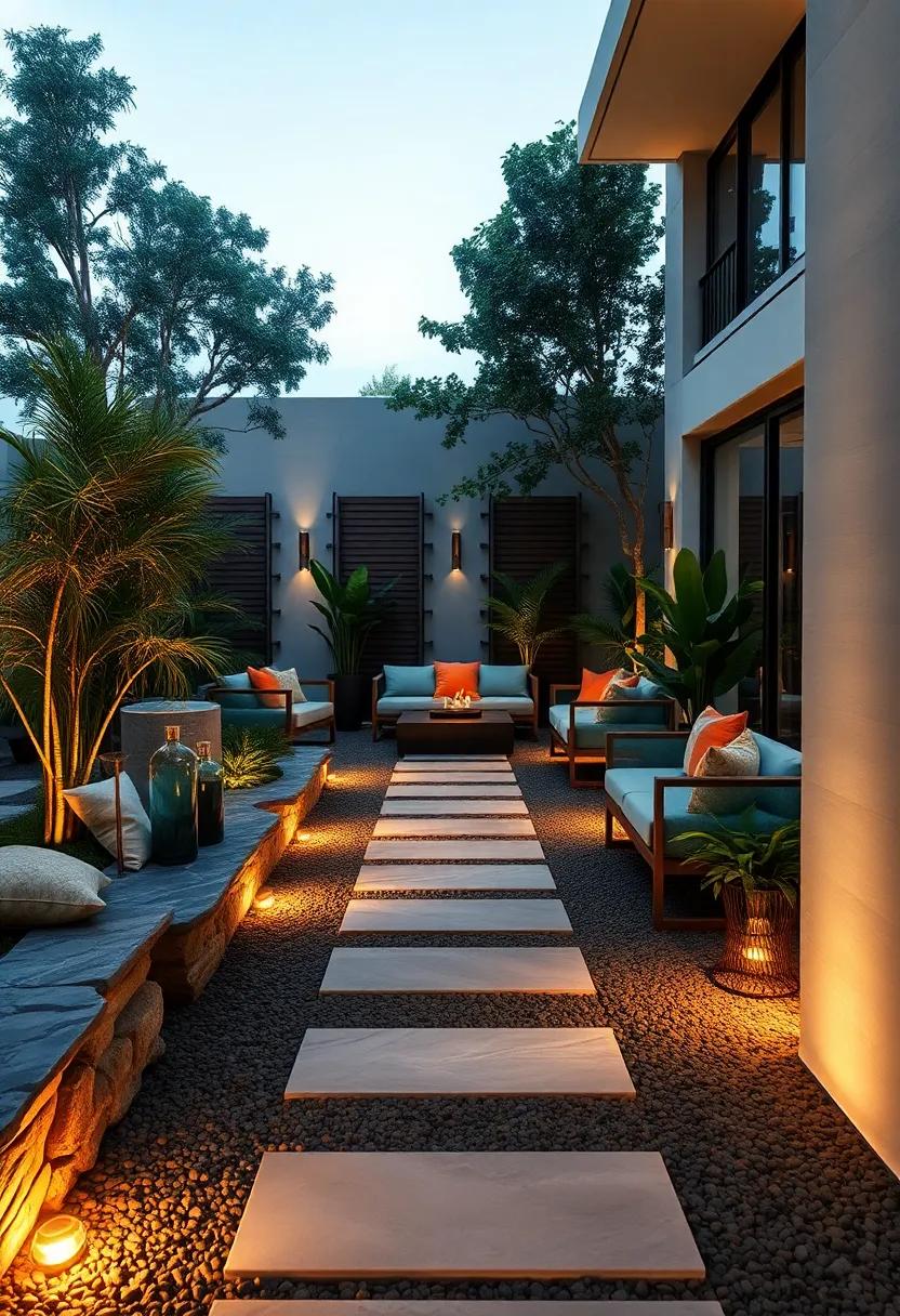 A charcoal stepping stone pathway ‌bordered with bronze ⁢lighting leads guests⁣ through a luxurious garden