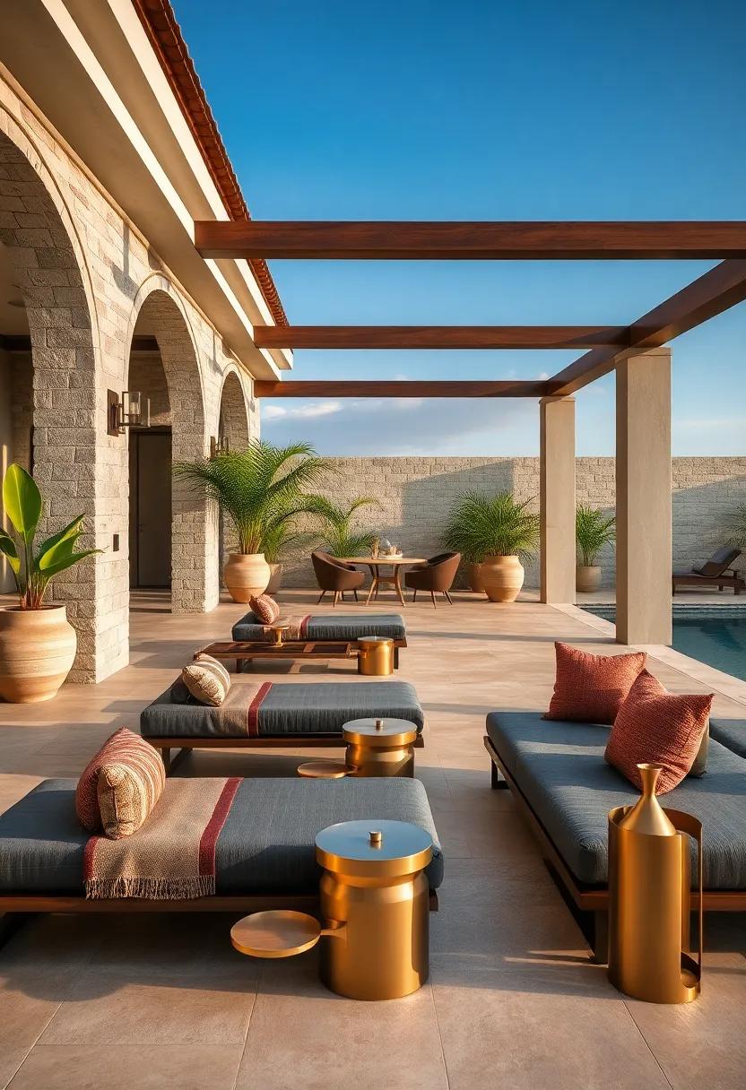 Charcoal chaise lounges accented with bronze⁤ side⁣ tables make⁤ for a perfect sunbathing ⁣retreat by the pool
