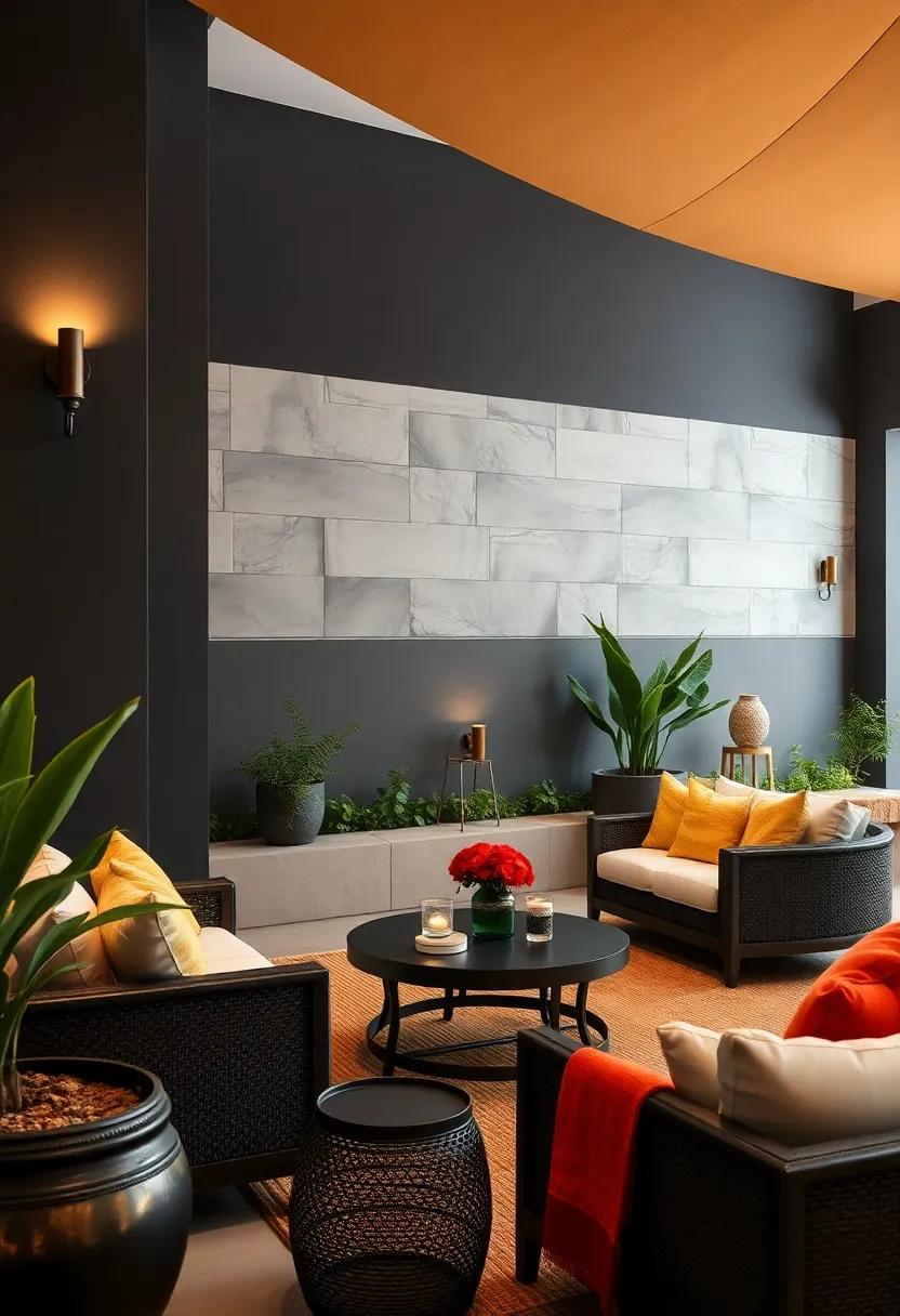 Charcoal walls paired with bronze wall sconces create a dramatic backdrop perfect for evening soirees