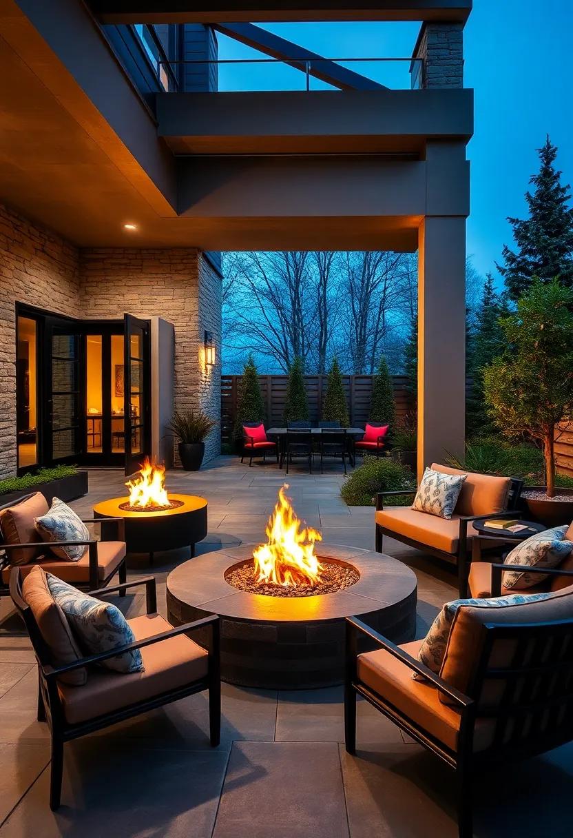 A charcoal stone patio with ‌bronze fire pits invites warmth​ and style, perfect for cozy winter nights