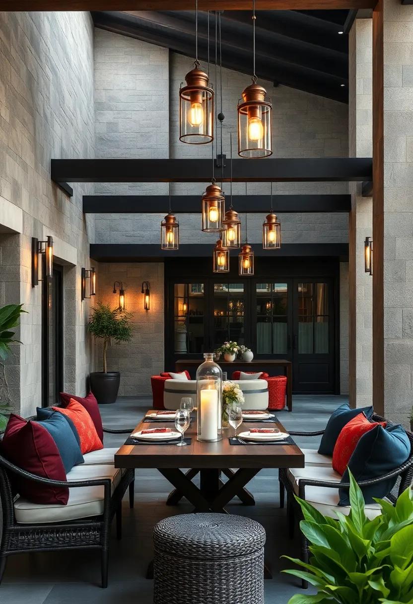 Bronze lanterns​ hanging ⁤amidst charcoal⁤ wooden beams create a ⁤magical ambiance⁢ for alfresco dining