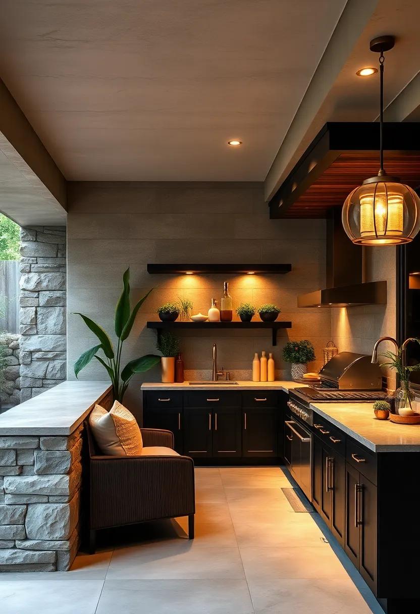 Outdoor kitchens finished in charcoal ‌cabinets with bronze ⁤hardware blend industrial⁢ strength and chic design