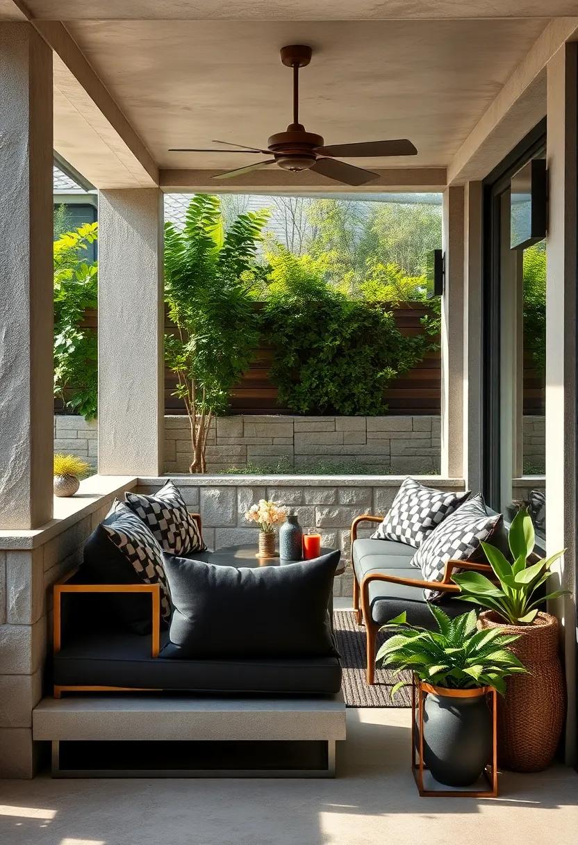 Bronze-framed outdoor⁣ furniture paired‍ with plush charcoal cushions ​offers a sophisticated lounge area under⁤ the​ stars