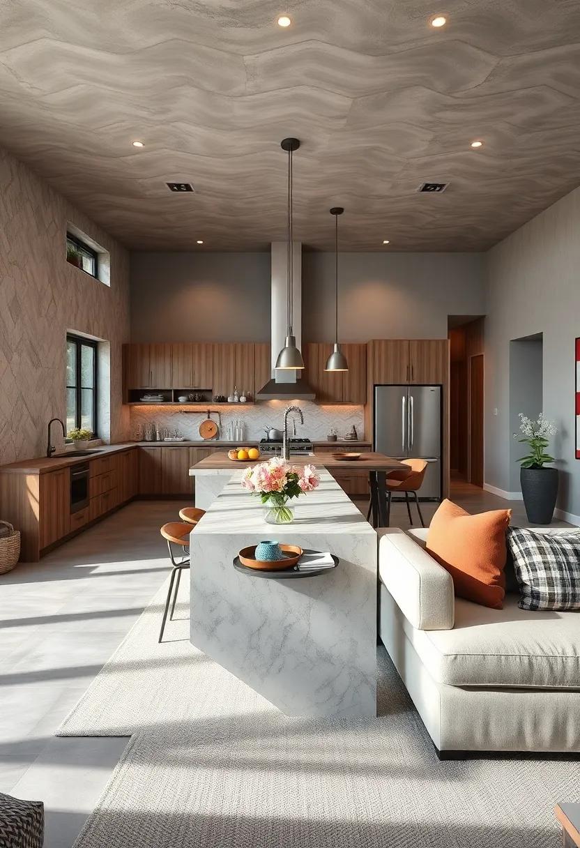 Seamless Island Integration: Use a kitchen island that doubles as a dining table to create a smooth transition between cooking and lounging areas