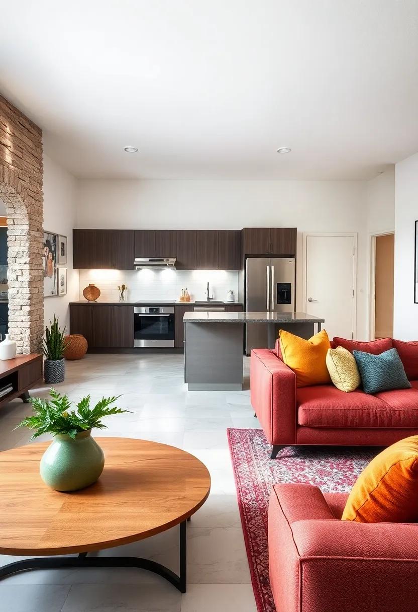 Coordinated Color Schemes: Match kitchen appliance finishes with living room furniture accents for a unified aesthetic