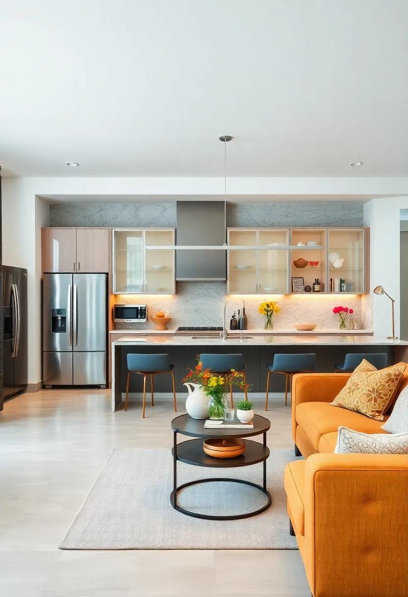 Glass-Front Cabinets: Use transparent cabinet doors to display upscale appliances without breaking the room's openness