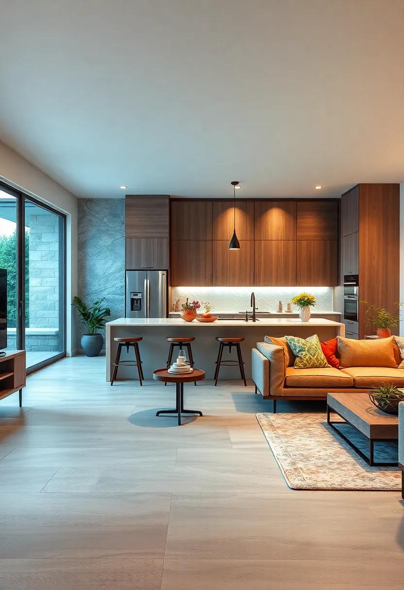 Flooring Continuity: extend kitchen flooring material into the living room to visually unify both spaces