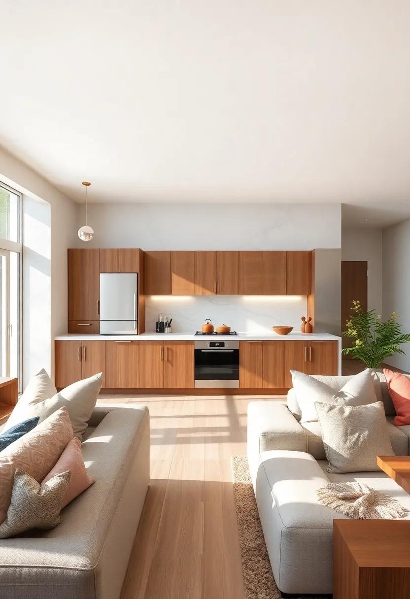 minimalist Backsplashes: Select simple, elegant backsplash designs that transition gracefully into living room textures