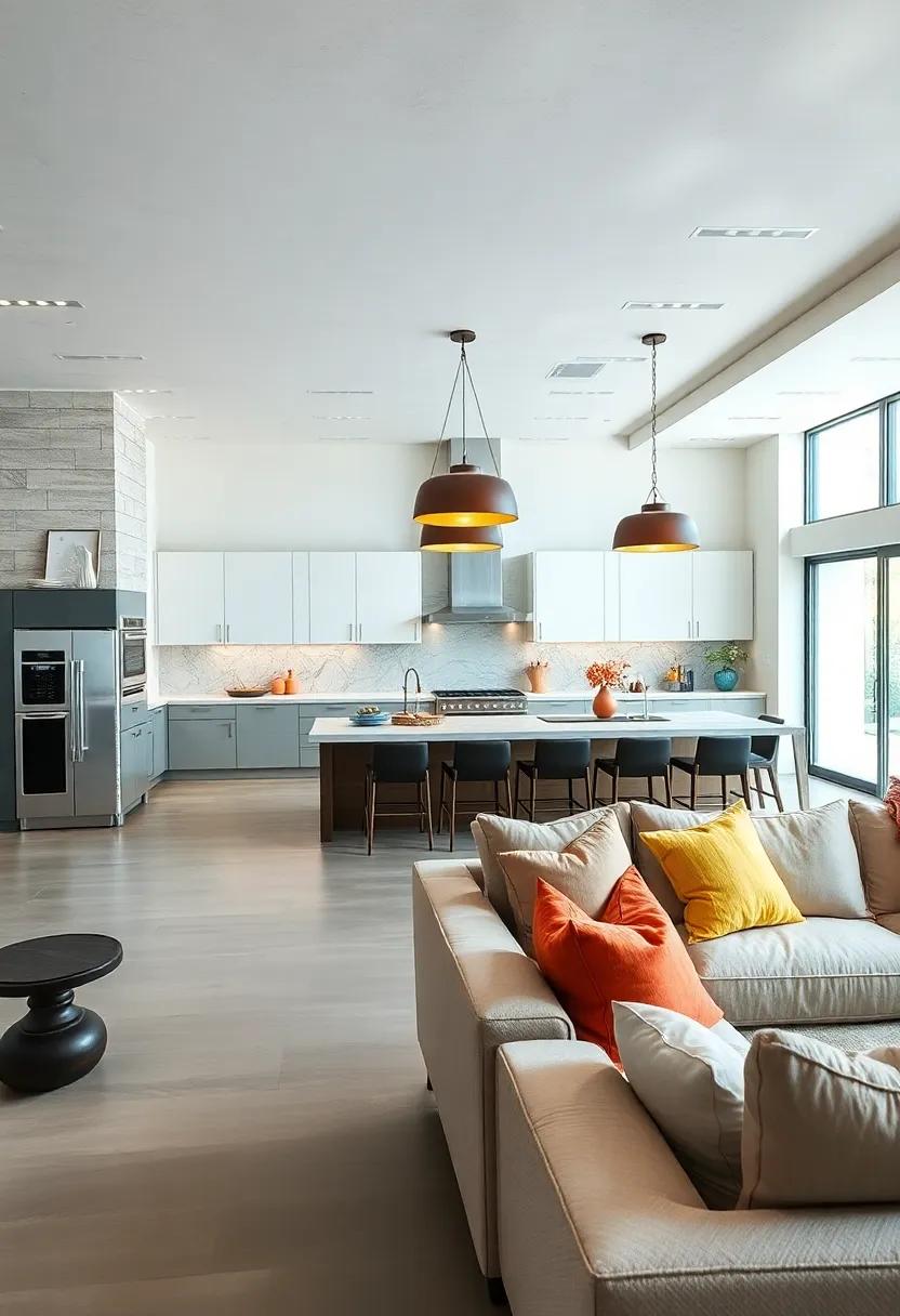 Statement Lighting Fixtures: Install bold pendant lights above kitchen islands to visually connect the kitchen and living room zones